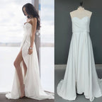 8270#Real Photos Strapless Sleeveless Sweetheart Open Back Chiffon Sweep Train Ruched Slit Wedding Dress Wedding Bridal Gown