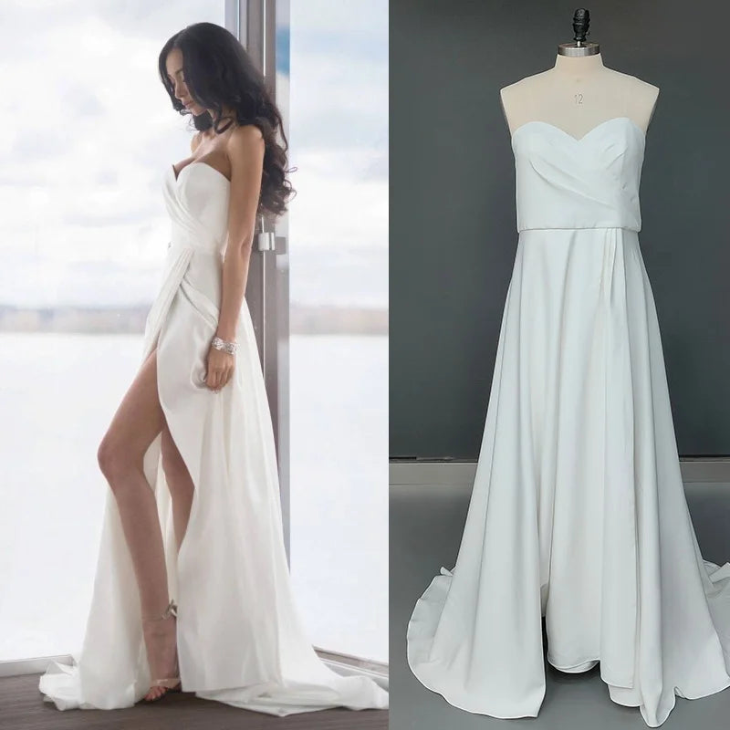 8270#Real Photos Strapless Sleeveless Sweetheart Open Back Chiffon Sweep Train Ruched Slit Wedding Dress Wedding Bridal Gown