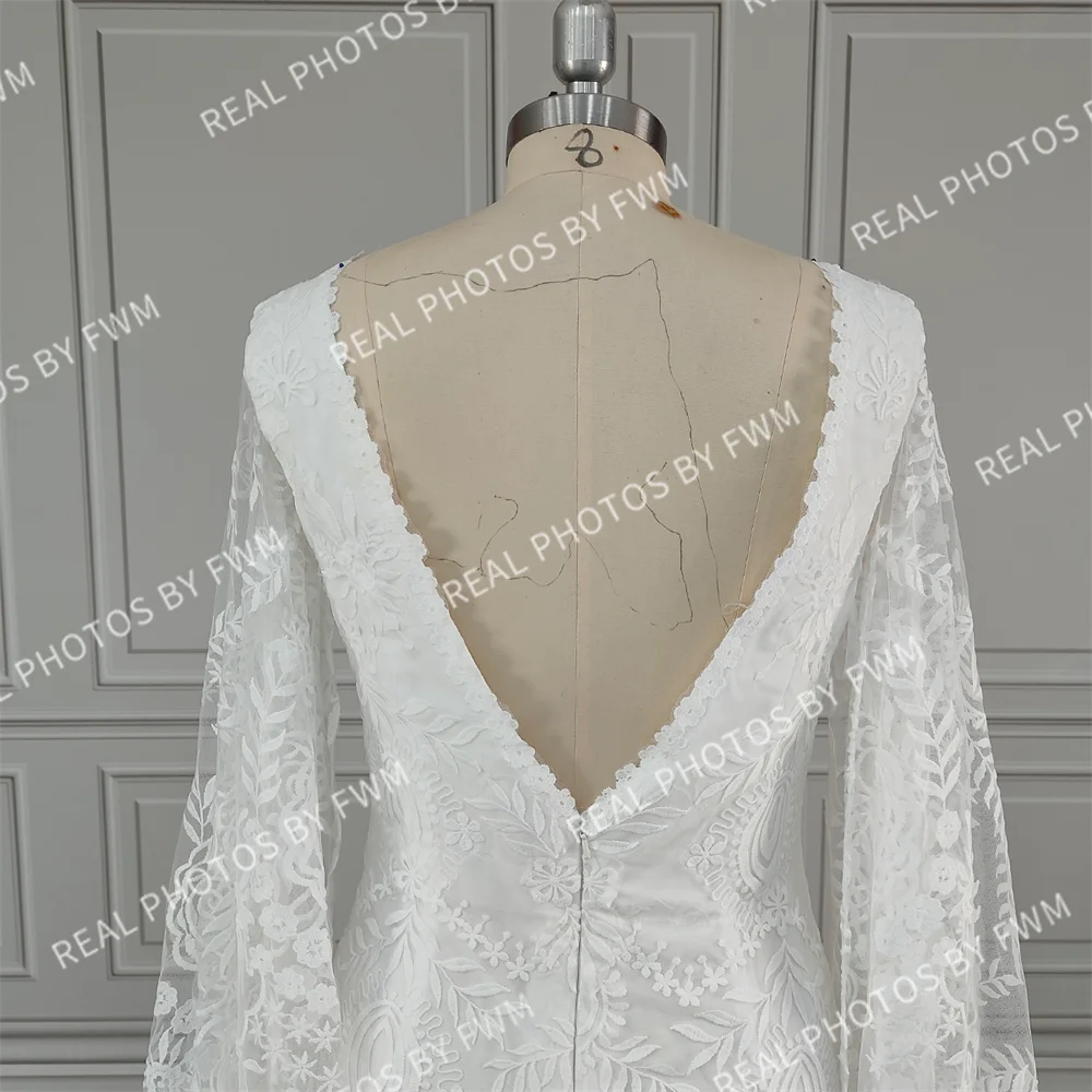 Real Photos High Quality Bohemian Flare Sleeves V-Neck Open Back Lace Wedding Dress Elegant Women Bride Dress for Wedding