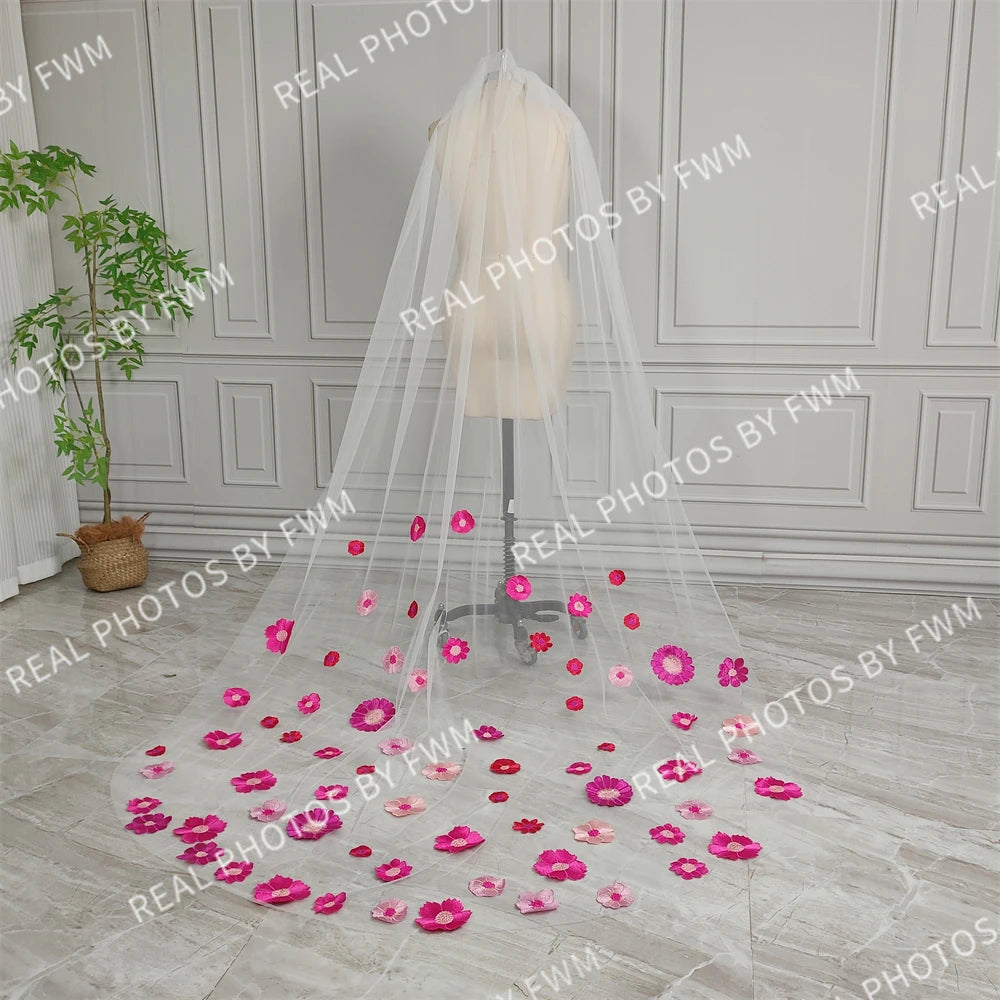 Real Photos High Quality One Layer Pink Appliques Flowers Lace Bridal Veil 220CM Long Wedding Veil Accessories for Wedding