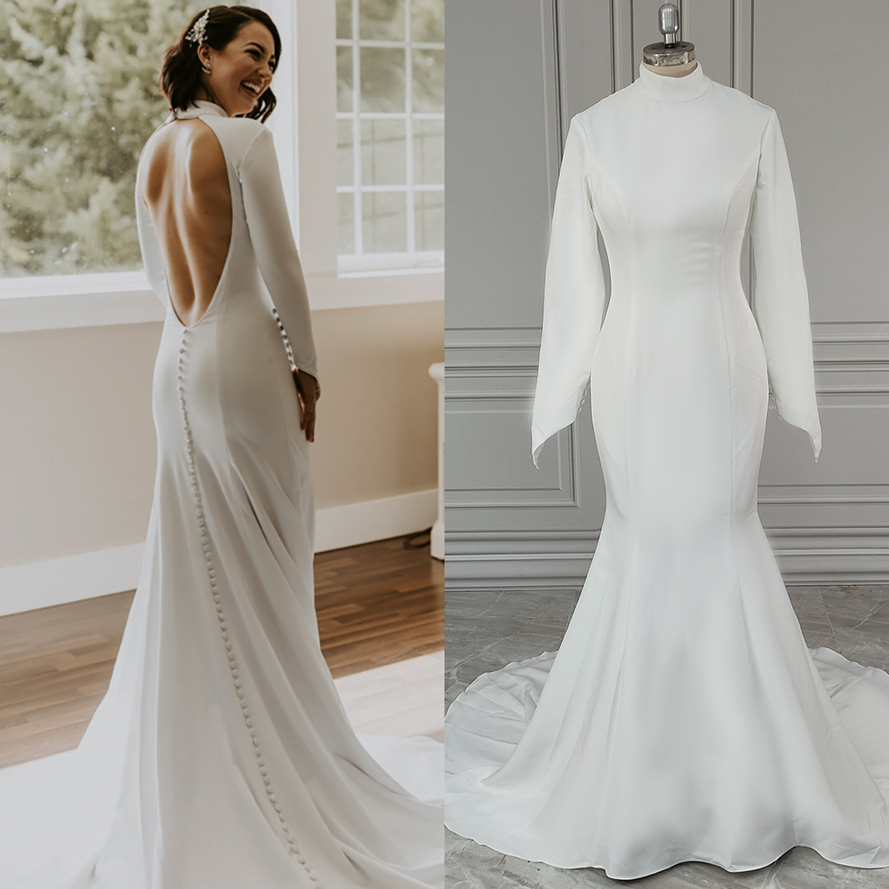 12074# Real Photos Long Sleeves Backless Soft Satin Mermaid Wedding Dress Bridal Gown for Women With Sweep Train