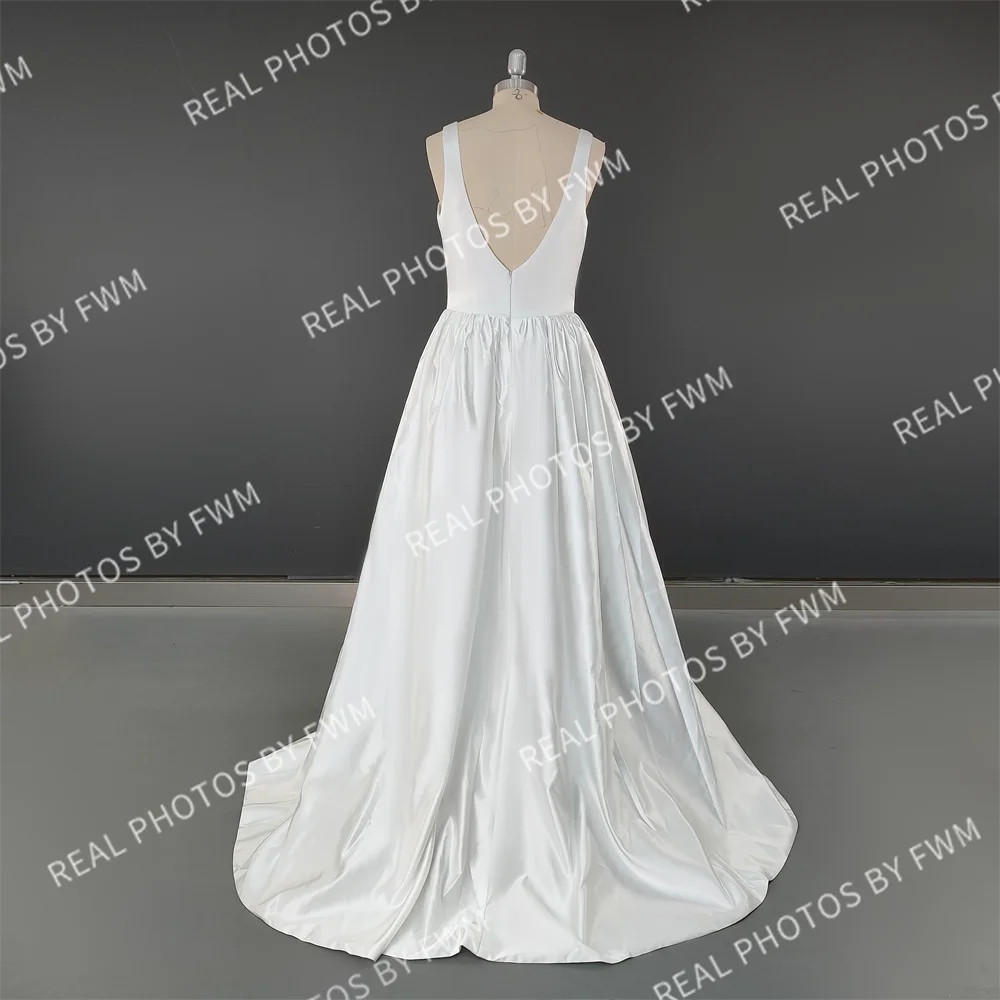 Real Photos Simple A-Line Square Neck Sleeveless Low Back Princess Matte Satin Sweep Train Wedding Dress Bridal Gown Women