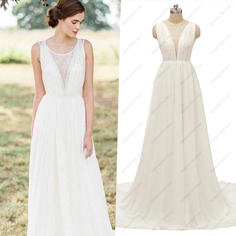 735# Real Photos Wedding Dress Sleeveless Round Neck Sheer Back Bohemian A-Line Beach Sweep Train Chiffon Lace Bride Gown