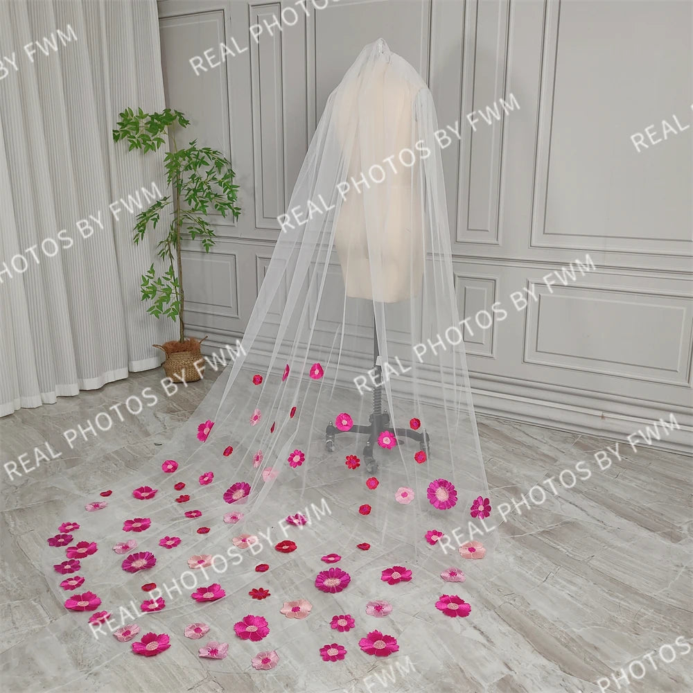 Real Photos High Quality One Layer Pink Appliques Flowers Lace Bridal Veil 220CM Long Wedding Veil Accessories for Wedding