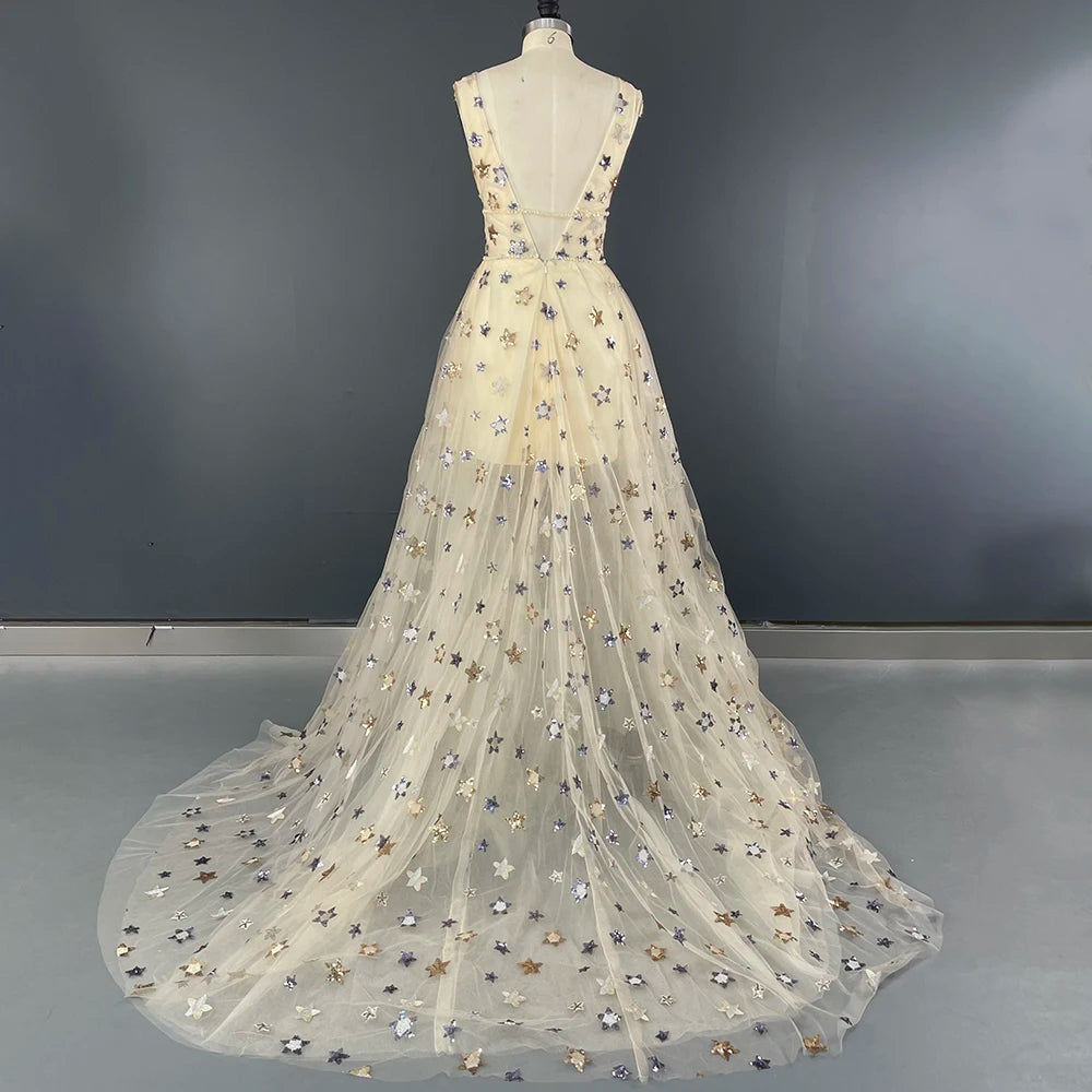 15277# Real Photos Casual Shiny Stars Tulle V-neck Backless Wedding Bridal Gown Birthday Party Dress Women Prom Evening Dress