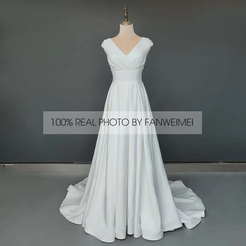 8183#Real Photos Sleeveless Sexy V-Neck Open Back Sheath A-Line Satin Side Pocket Sweep Train Wedding Dress Wedding Bridal Gown