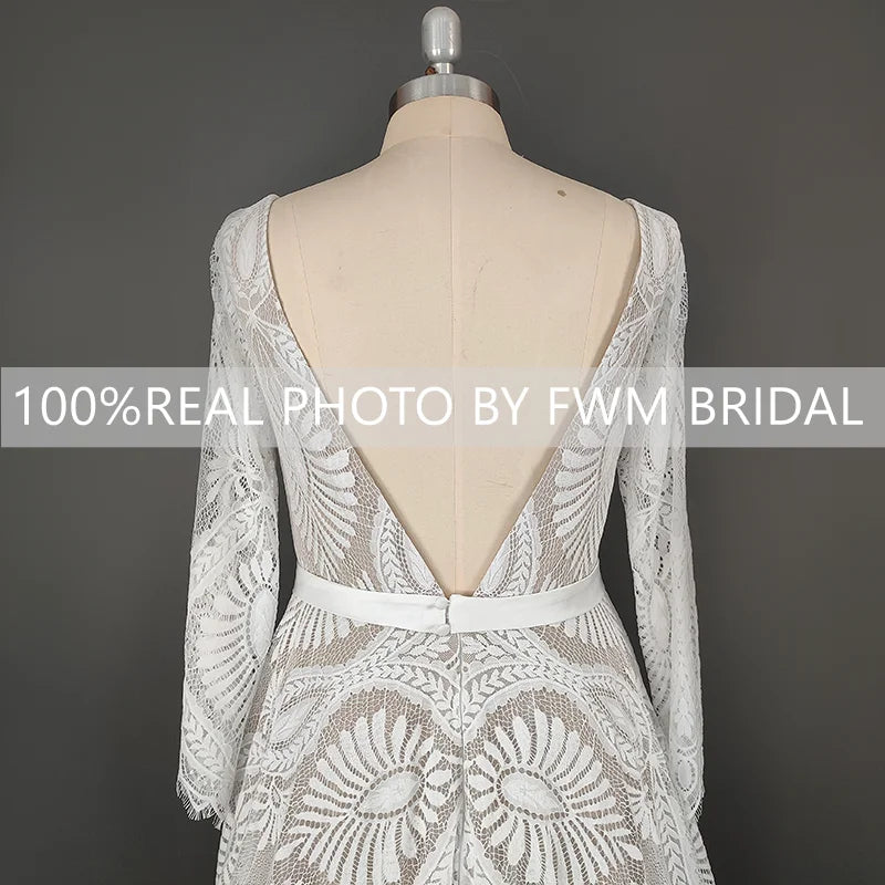 15148# Real Photos Long Sleeves Appliques Lace Wedding Dress Bohemia Spring V-neck Sweep Train Bridal Gown for Engagement