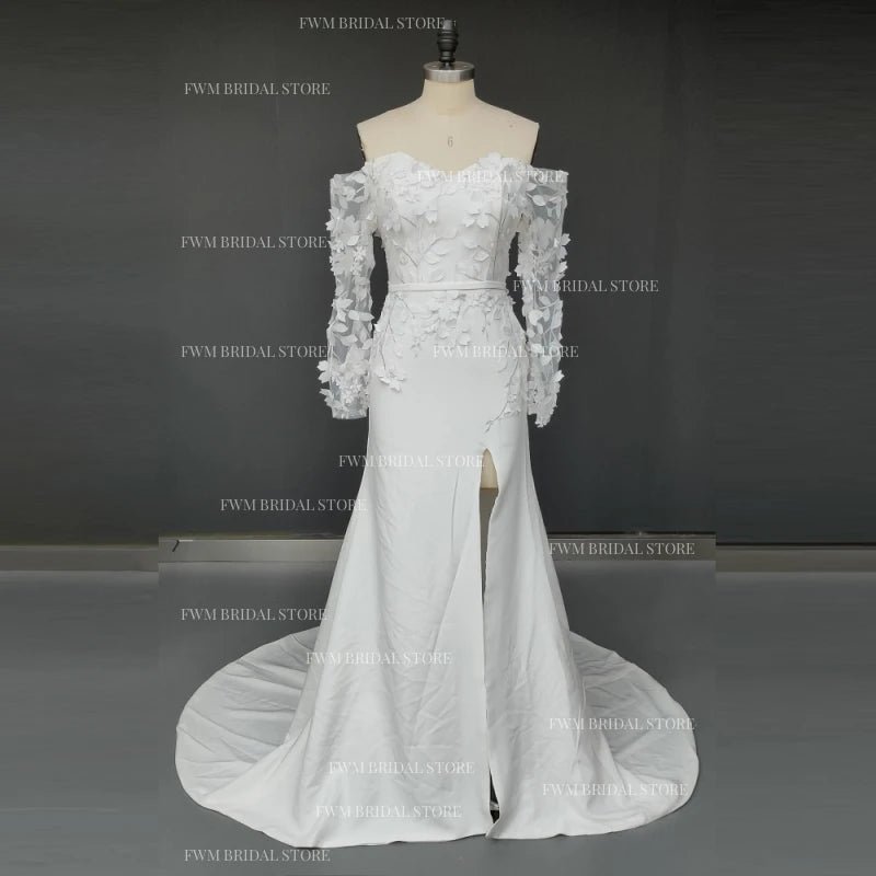 8890# Real Photos Simple Sweep Train Split Front Satin Mermaid Wedding Dress for Plus Size Women Appliques Lace  Bridal Gown