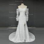 8890# Real Photos Simple Sweep Train Split Front Satin Mermaid Wedding Dress for Plus Size Women Appliques Lace  Bridal Gown