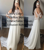 #1305 Real Photos Bohemian VINTAGE BOHO A-Line Wedding Dresses Lace Satin Detachable Sleeve Wedding Dress Bridal Gowns Beach
