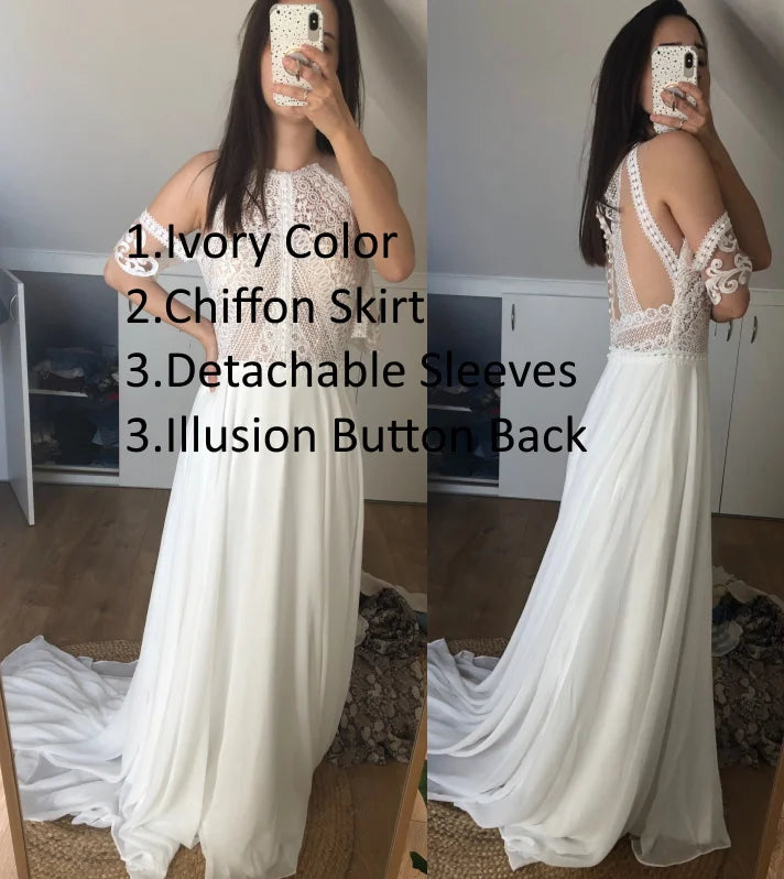 #1305 Real Photos Bohemian VINTAGE BOHO A-Line Wedding Dresses Lace Satin Detachable Sleeve Wedding Dress Bridal Gowns Beach