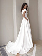 8183#Real Photos Sleeveless Sexy V-Neck Open Back Sheath A-Line Satin Side Pocket Sweep Train Wedding Dress Wedding Bridal Gown