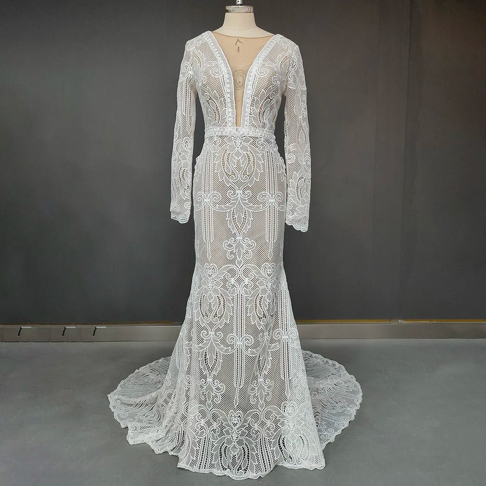 Real Photos Boho V-Neck Long Sleeve Mermaid Appliques Lace Wedding Dress Woman Backless Sweep Train Bridal Gown for Wedding