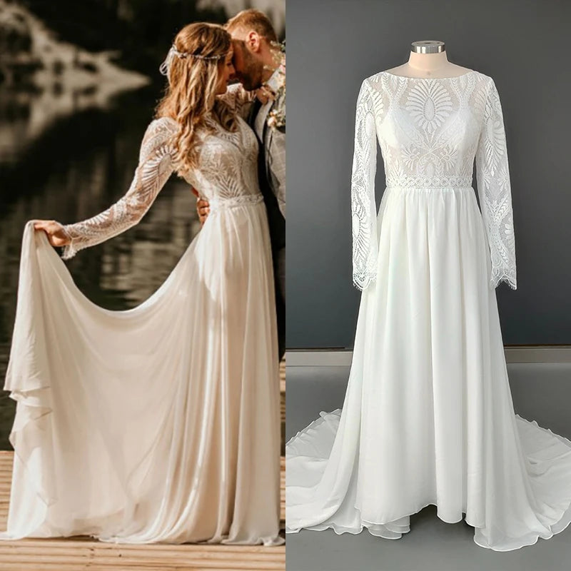 10337# Real Photos Simple Spring Appliques Lace Long Sleeves Sweep Train Beach Soft Chiffon Wedding Dress Bridal Gown