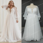 12551# Real Photos Puffy Sleeves Lace A-line Wedding Dress for Plus Size Women Sweep Train Backless Bridal Gown Dress