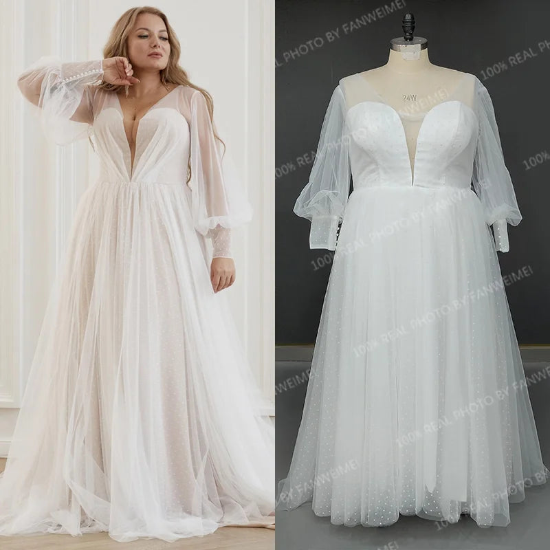 12551# Real Photos Puffy Sleeves Lace A-line Wedding Dress for Plus Size Women Sweep Train Backless Bridal Gown Dress