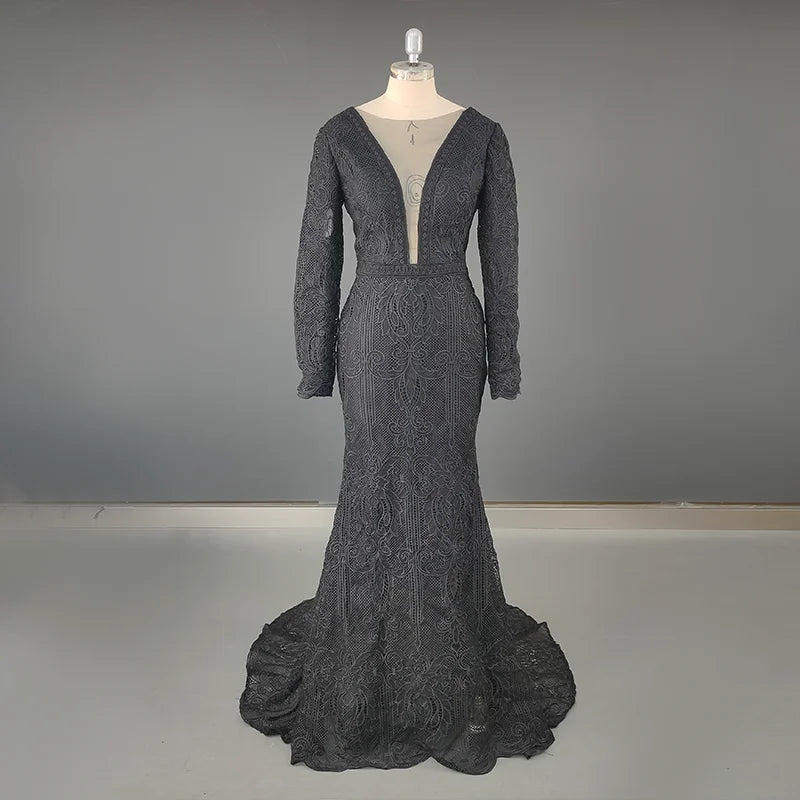Real Photos Boho V-Neck Long Sleeve Mermaid Appliques Lace Wedding Dress Woman Backless Sweep Train Bridal Gown for Wedding