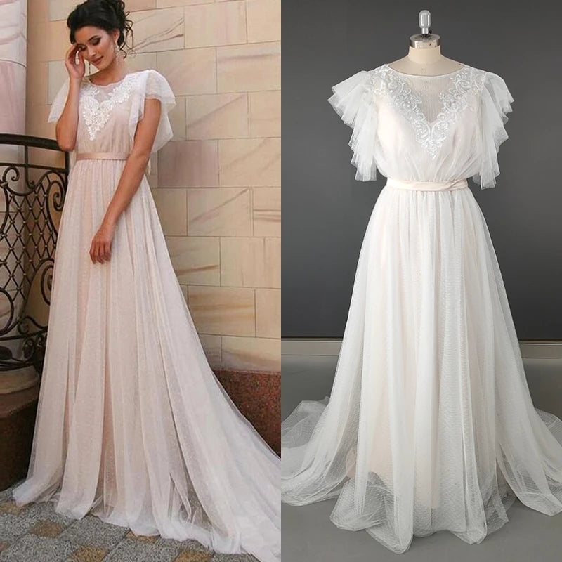 11676# Real Photos Short Sleeve Tulle Lace Sweep Train Dot Mesh Open Back Bohemian Beach Wedding Dress Wedding Gown Bridal Gown
