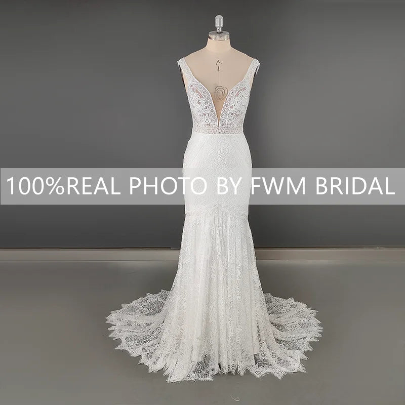 12590# Real Photos V Neck Backless Mermaid Wedding Dress Sleeveless Boho Romatics Lace Bridal Gown for Beach Lawn Wedding