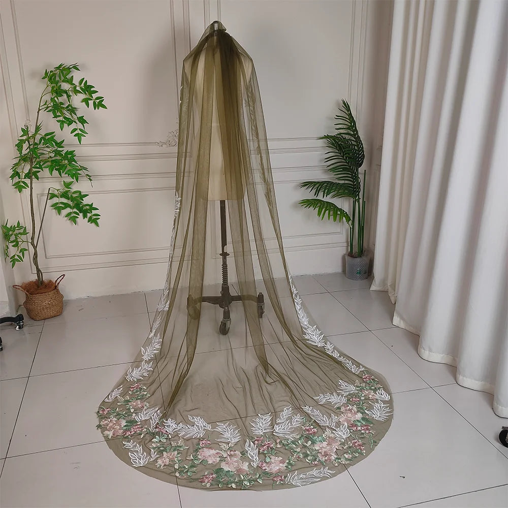 Real Photos Dark Green Embroidered Wedding Veil with Hand-stitched Lace Trim Suitable for Women to Wear at an Outdoor Wedding