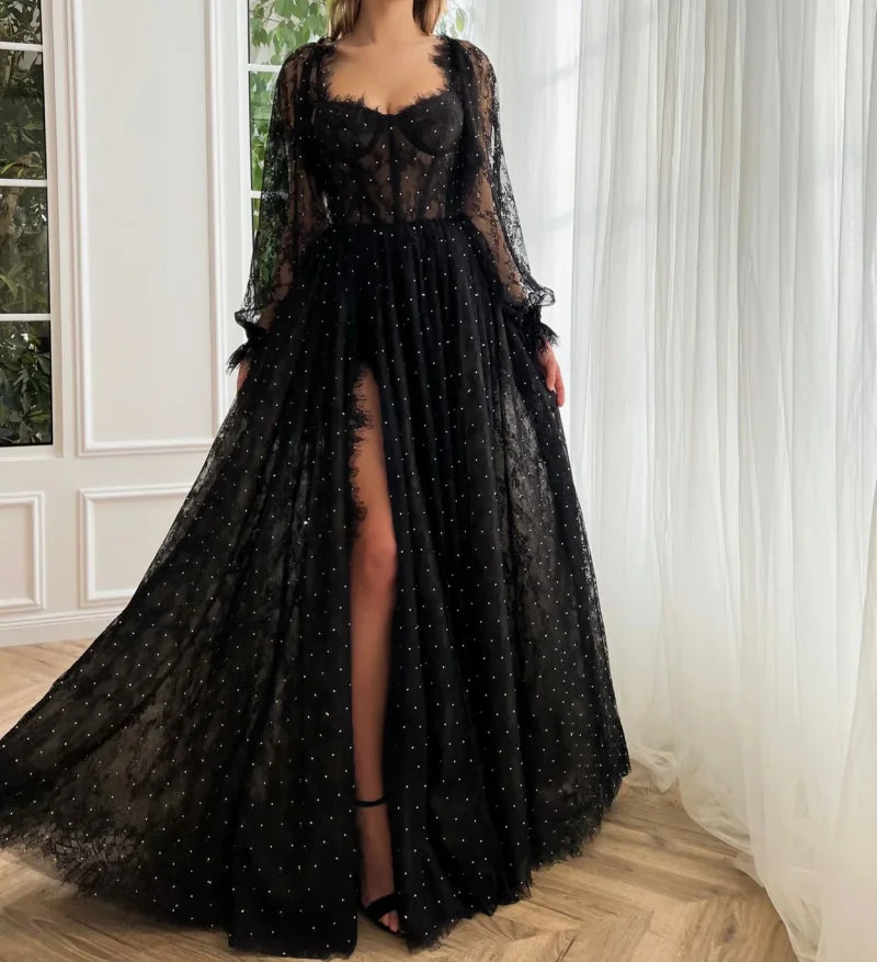 15199# Real Photos Black Shimmering Sequins Lace Long Puffy Sleeve Split Front Wedding Party Evening Dress for Women Prom Gown
