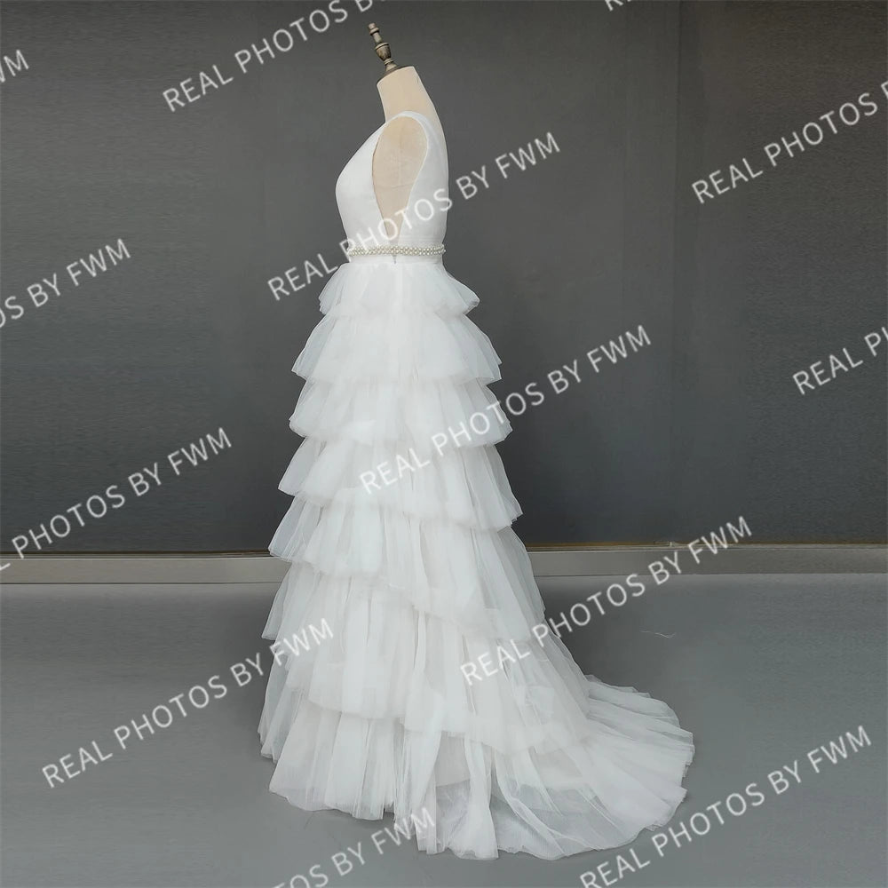 100% Real Photos Elegant V-Neck Sleeveless Tiered Tulle Ball Gown for Wedding Backless Ruffles A-line Wedding Dress for Women