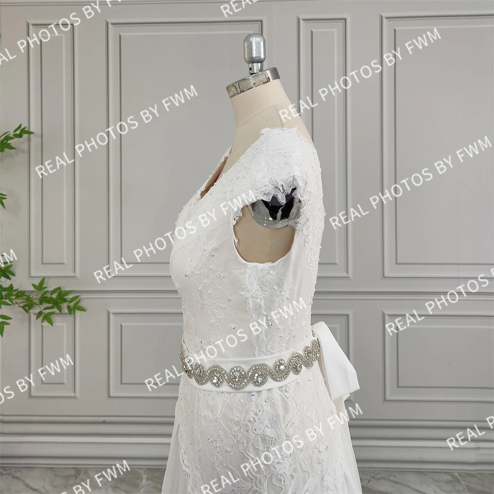 Real Photos High Quality Cap Sleeves V-Neck Chiffon Wedding Dress Elegant Appliques Lace Bridal Gown With Crystal Belt