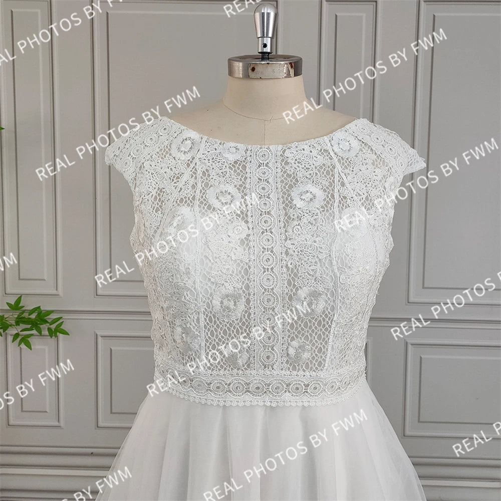100% Real Photos High Quality Boho Appliques Lace A-line Wedding Dress for Bride 2024 Elegant Backless Tulle Bridal Gown