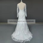 11527#100% Real Photos Mermaid Illusion V-Neck Lace Applique Long Sleeve Sweep Train Wedding Dress Wedding Gown Bridal Gown