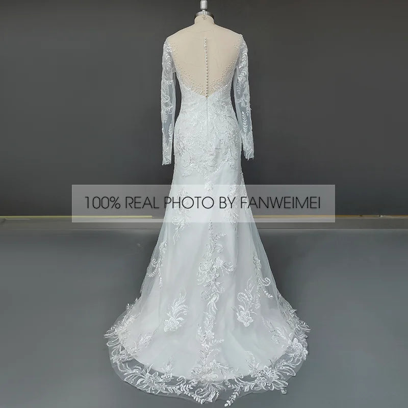 11527#100% Real Photos Mermaid Illusion V-Neck Lace Applique Long Sleeve Sweep Train Wedding Dress Wedding Gown Bridal Gown