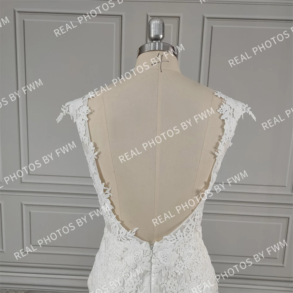 15903# Real Photos Exquisite Appliques Lace Backless Mermaid Wedding Dress Sleeveless Tulle Sweep Train Bridal Gown for Women