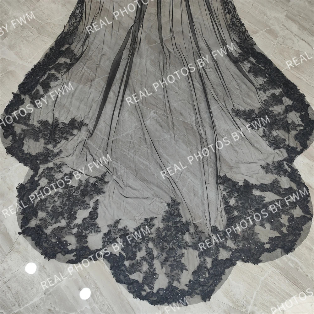 Real Photos High Quality One Layer Black Appliques Sequined Lace Bridal Veil 300CM Long Wedding Veil Accessories for Wedding