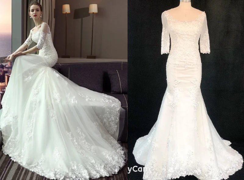 #6212 Wholesale Half Sleeve Lace Applique Mermaid Long Veil  Wedding Dress Wedding Dress Bride Gown Bridal Dress for Woman