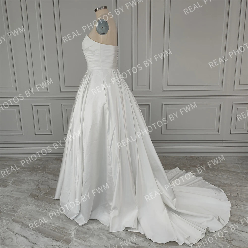 11507# Real Photos Simple Boho Strapless Pleat Satin A-line Wedding Dress for Women Sweep Train Bride Gown Vestido De Novia