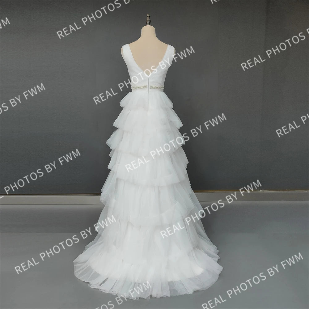 100% Real Photos Elegant V-Neck Sleeveless Tiered Tulle Ball Gown for Wedding Backless Ruffles A-line Wedding Dress for Women