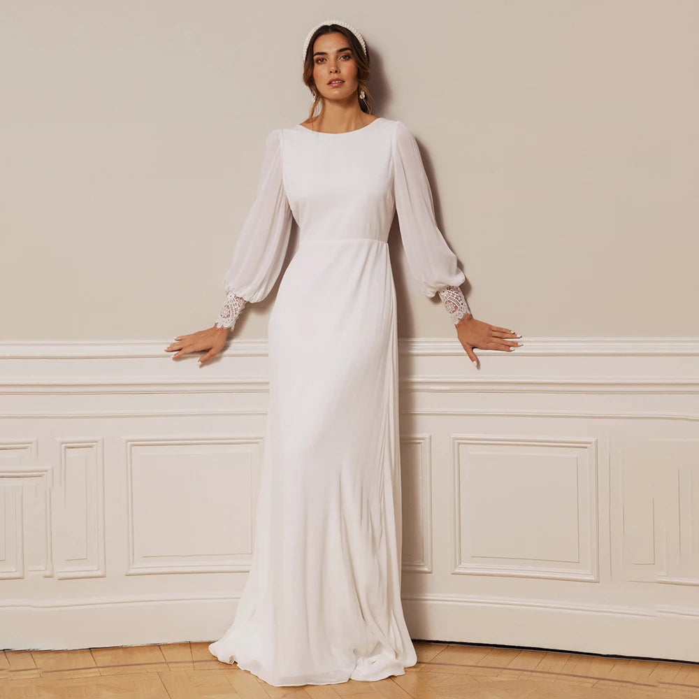 8468#Real Photos Simple Long Sleeves Chiffon Ruched Open Back Sweep Train Wedding Dress Wedding Bridal Gown
