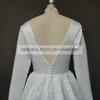 Real Photos Elegant Full Sleeves V-Neck A-line Satin Wedding Dress Appliques Lace Sweep Train Backless Bride Gown for Women