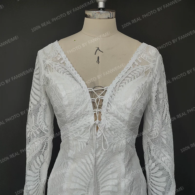 8454#Real PhotosLong Sleeves Lace Bohemian Beach V-Neck Open Back High Slit Wedding Dress Wedding Bridal Gown