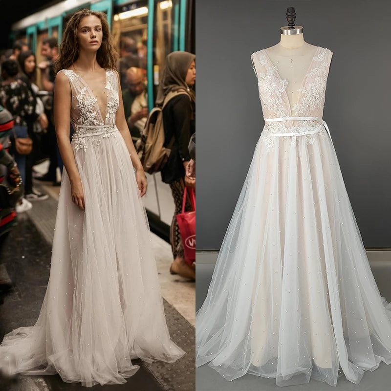 8416# Real Photos Modern Appliques Lace With Pearls Straps Sweep Train Wedding Dress Backless Bridal Gown