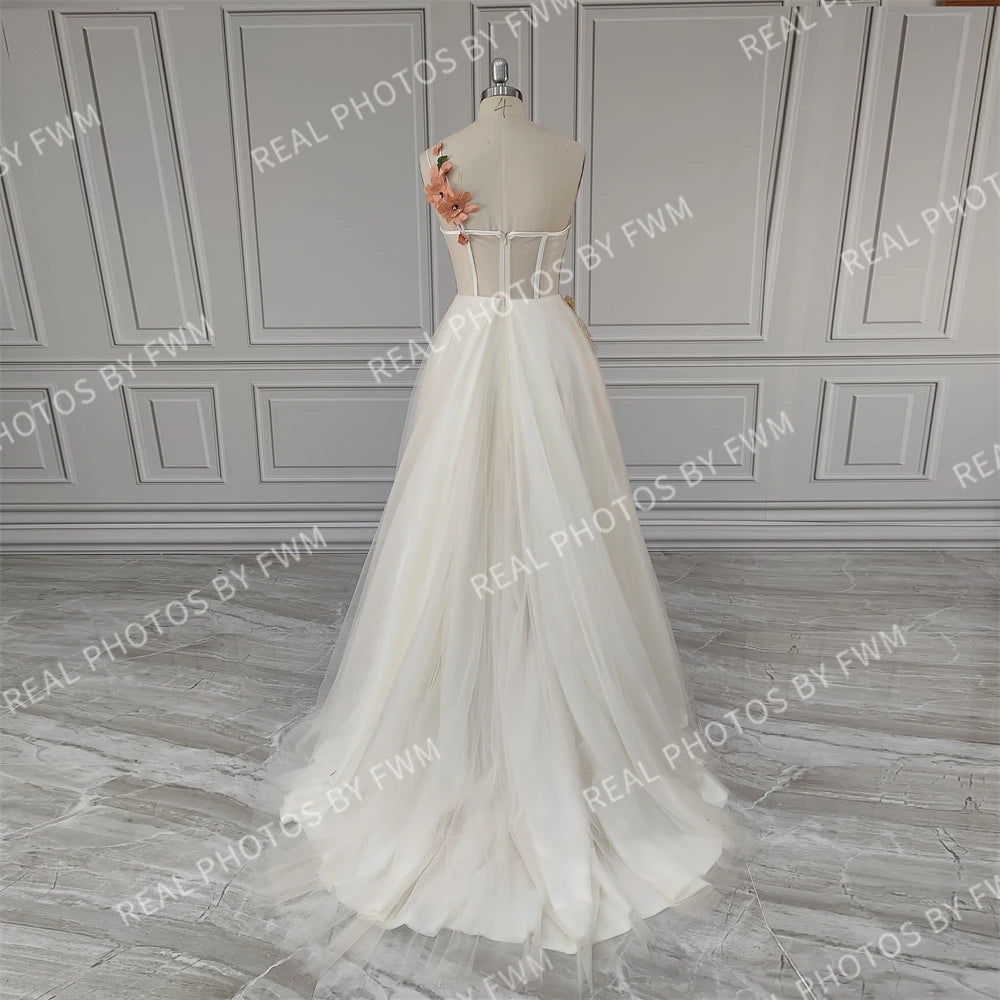 Real Photos One Shoulder 3D Flowers Split Front Wedding Gown Birthday Party Dress for Plus Size Women Prom Evening Dresses