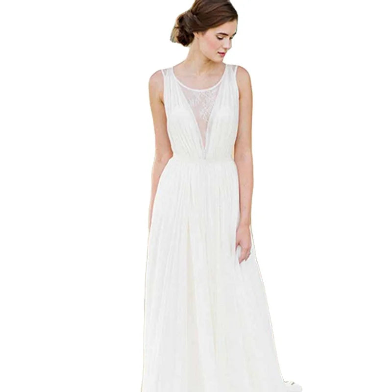 735# Real Photos Wedding Dress Sleeveless Round Neck Sheer Back Bohemian A-Line Beach Sweep Train Chiffon Lace Bride Gown