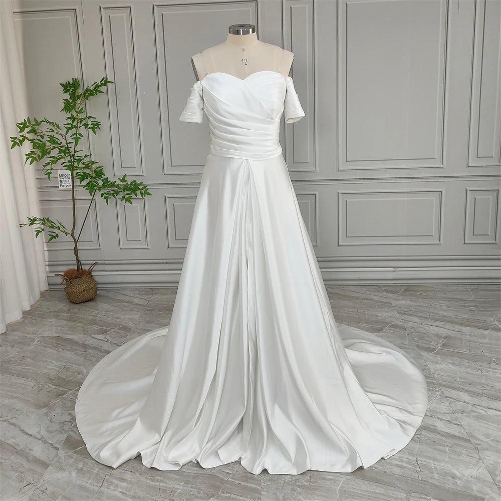 Real Photos High Quality Strapless Pleat Satin A-line Wedding Dress Elegant Side Split Bridal Gown With Detachable Sleeves