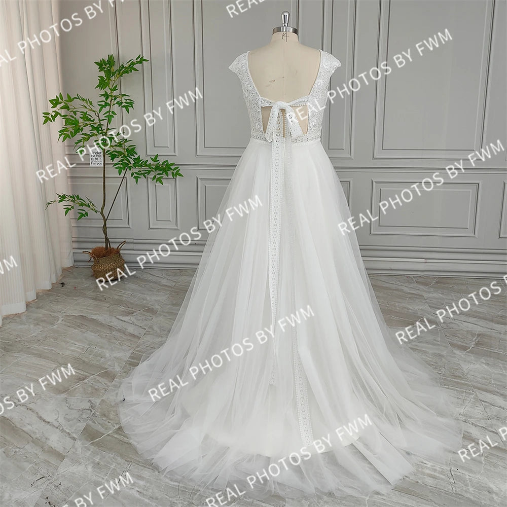 100% Real Photos High Quality Boho Appliques Lace A-line Wedding Dress for Bride 2024 Elegant Backless Tulle Bridal Gown