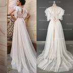 11676# Real Photos Short Sleeve Tulle Lace Sweep Train Dot Mesh Open Back Bohemian Beach Wedding Dress Wedding Gown Bridal Gown