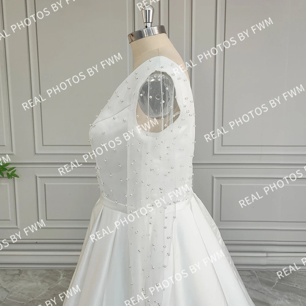 Real Photos High Quality Long Pearls Tulle A-line Wedding Dress for Bride Elegant Backless Satin Bridal Gown With Pockets