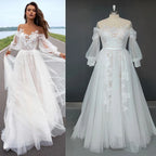 Real Photos Puffy Sleeve O-Neck Sweep Train Applique Lace A-Line Wedding Dress Woman Tulle Bridal Gown for Wedding Dress