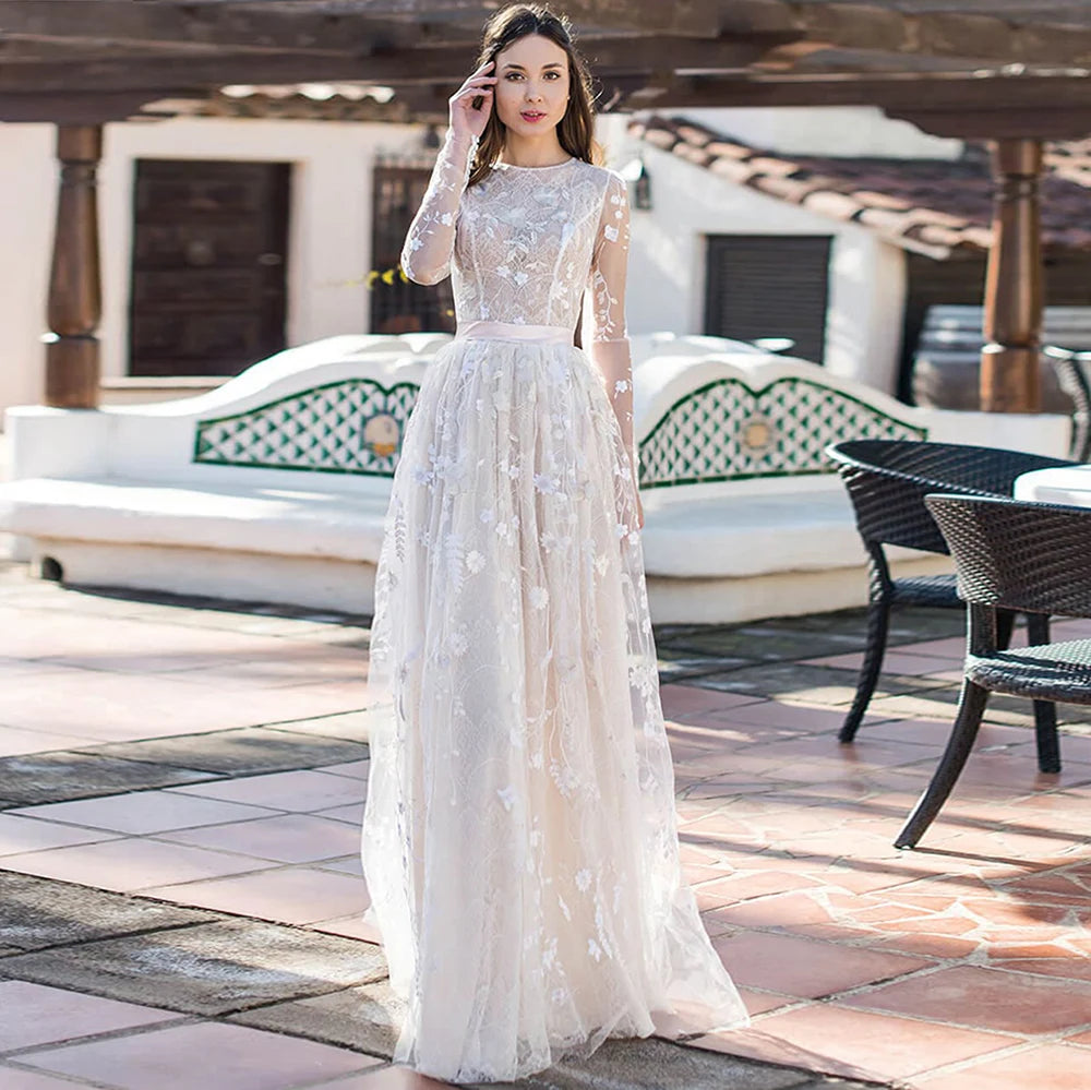 11589# Real Photos Bohemian O-Neck Floor Length A-Line Long Sleeve Flowers Applique Lace Wedding Dress Bridal Gown for Women