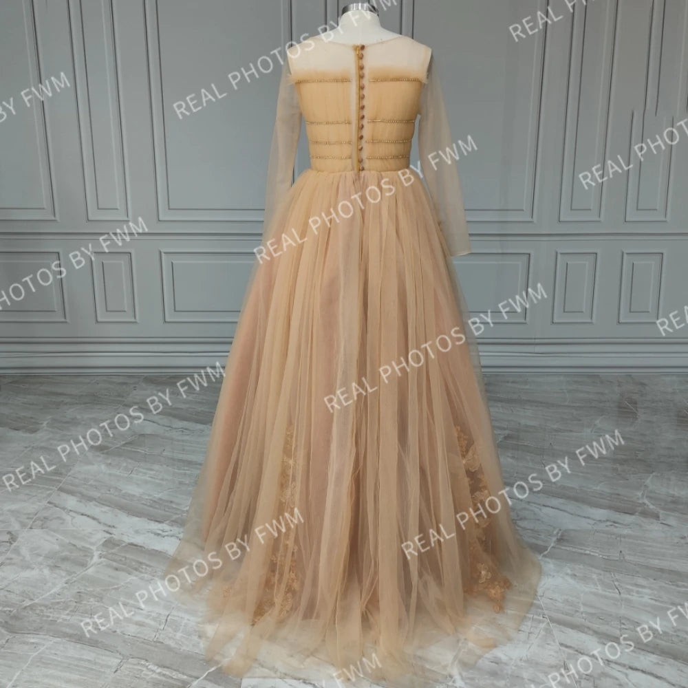 #3113 REAL PHOTOS O-Neck Elegant Champagne Sleeveless Puffy A-Line Bride Gown Wedding Dress for Women Evening Dress Party Dress