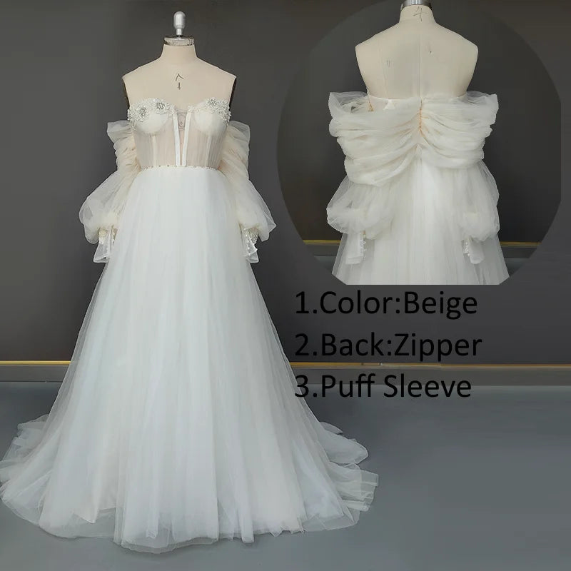 Real Photos Puffy Sleeves Sweetheart Backless A-Line Beading Lace Wedding Dress Sweep Train Tulle Bridal Gown for Wedding