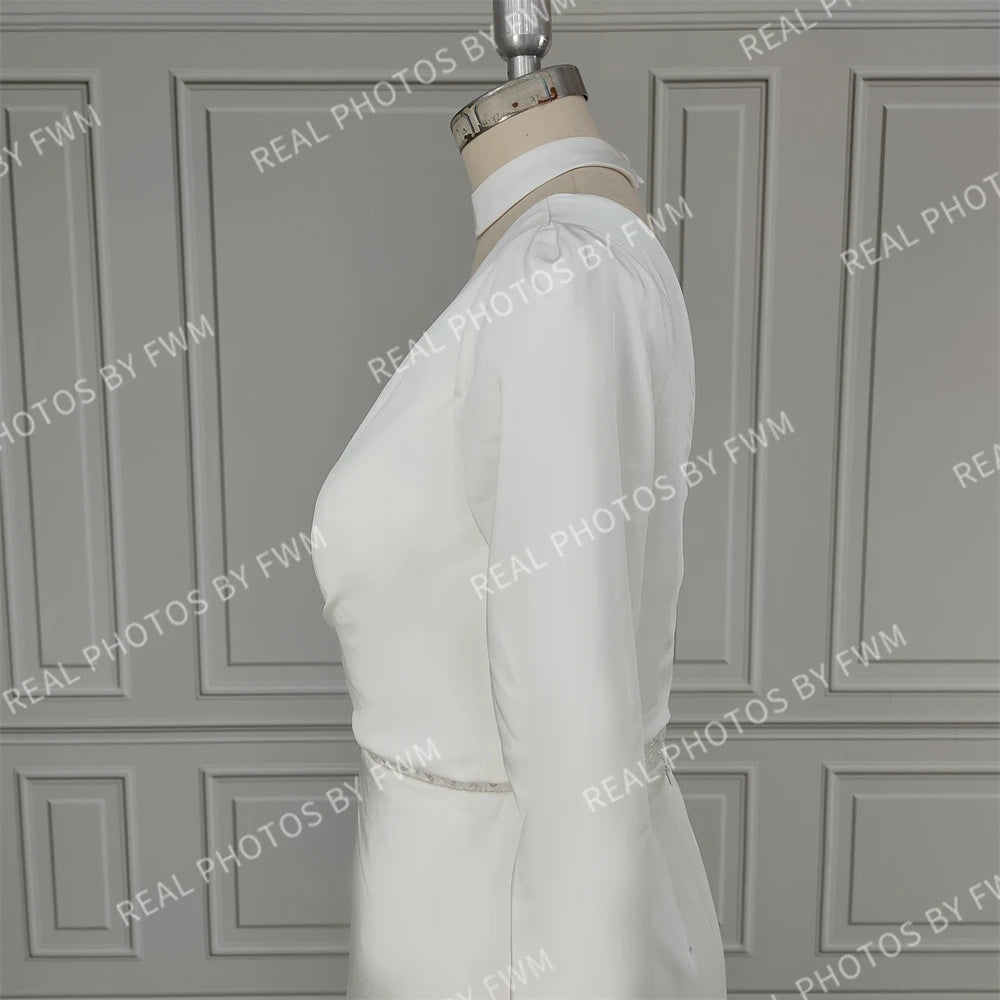 Real Photos Sexy Beading High Side Slit  Satin Wedding Dress Bridal Gown for Women With Detachable Sleeves